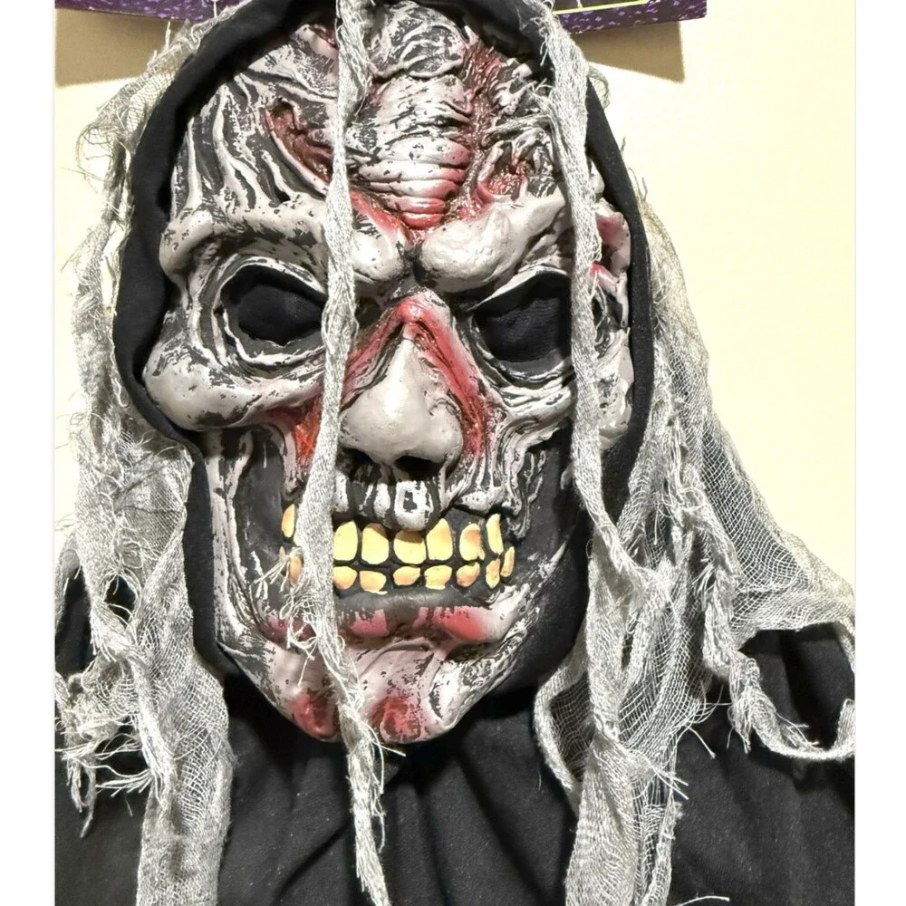 Scary Skeleton Zombie Mask Hood Long Gray Hair Halloween Adult Horror Costume